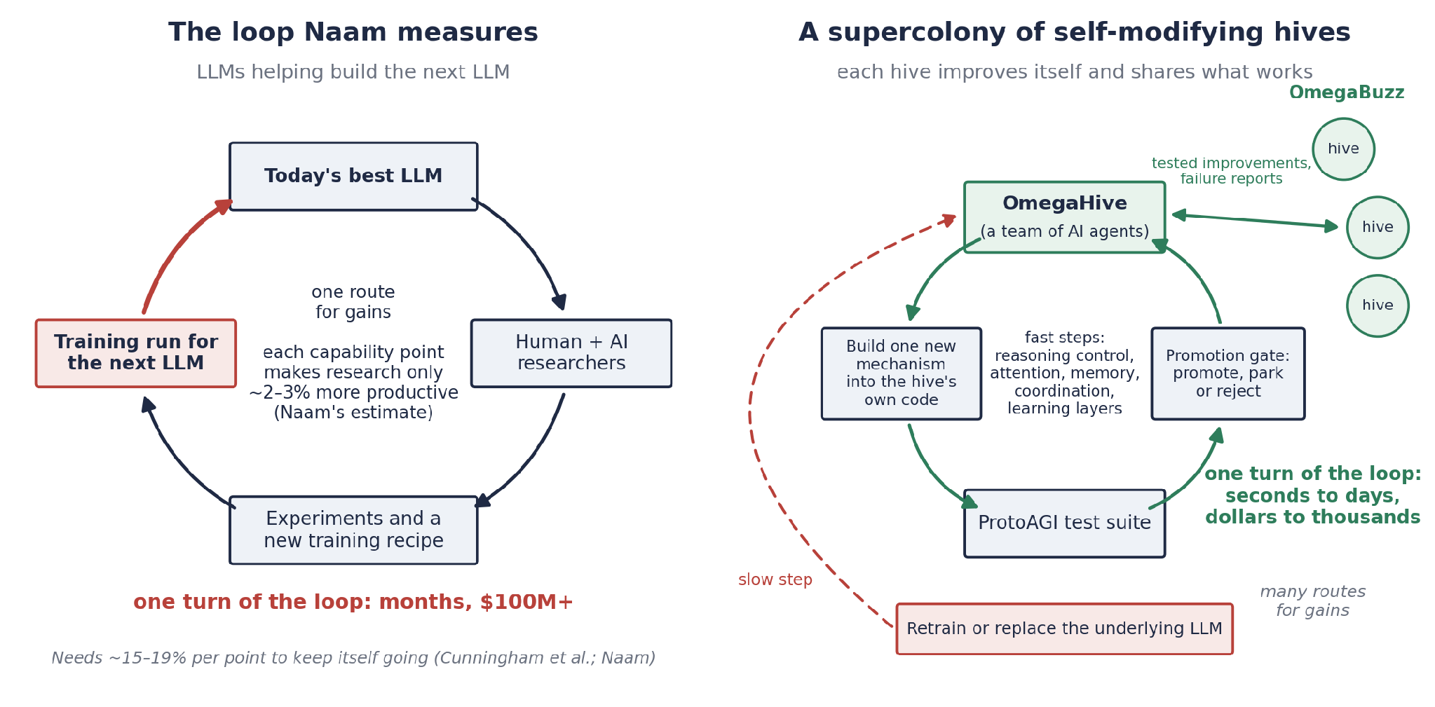 Credit: Ben Goertzel (Figure 1. Two self-improvement loops. Left: the loop Naam measures, where an improvement counts for nothing until it has been through a training run for a new LLM. Right: a supercolony of self-modifying OmegaHives. Most turns of this loop are changes to code and knowledge, tested on the ProtoAGI suite and shared with other hives; retraining the underlying LLM still happens, but it’s one slow step among many fast ones.)