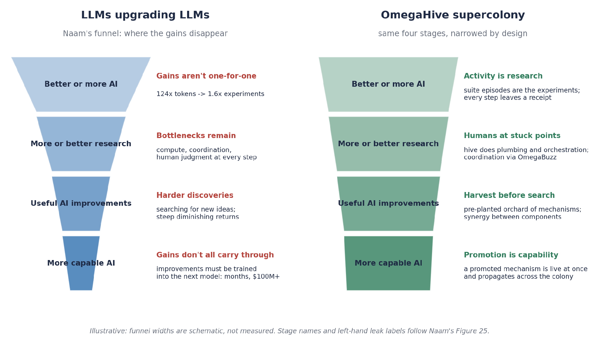 Credit: Ben Goertzel (Figure 2. Naam’s four-stage funnel from AI activity to AI capability, for LLMs upgrading LLMs (left) and for an OmegaHive supercolony (right). The widths are schematic and nothing in them has been measured; the stage names and the left-hand labels follow Naam’s Figure 25.)